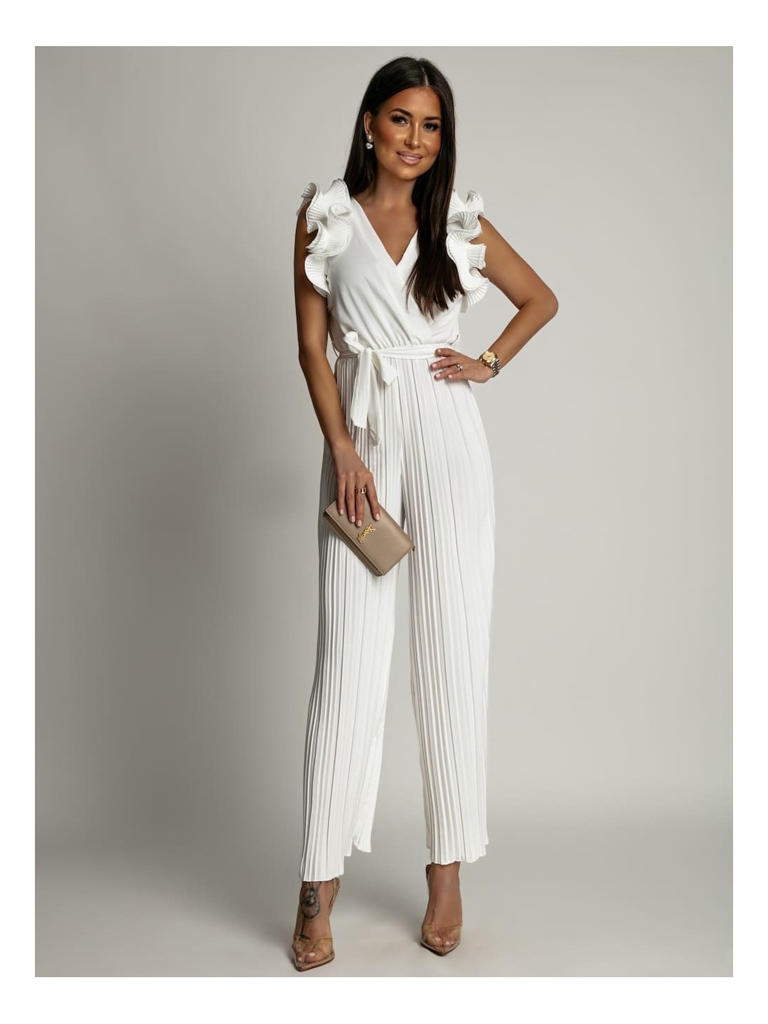 Pleated jumpsuit with ruffles, white AZR1102